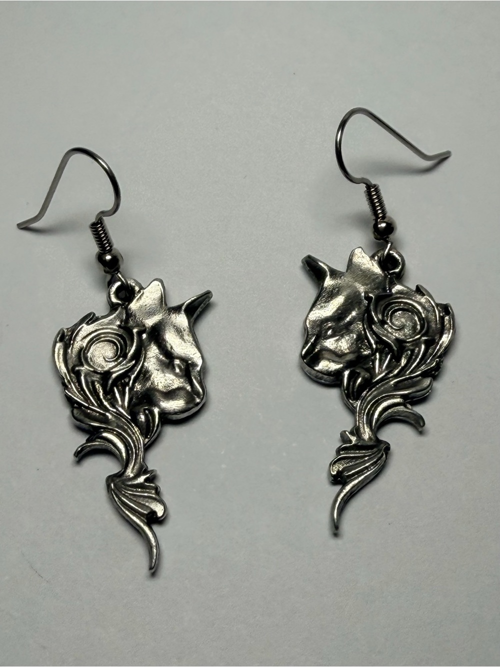 Handcrafted Pewter Silver Floral Cat Silhouette Drop Earrings